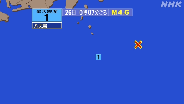 0時7分ごろ、Ｍ４．６　八丈島東方沖 北緯33.5度　東経141