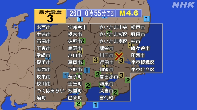 0時55分ごろ、Ｍ４．６　茨城県南部 北緯36.2度　東経140