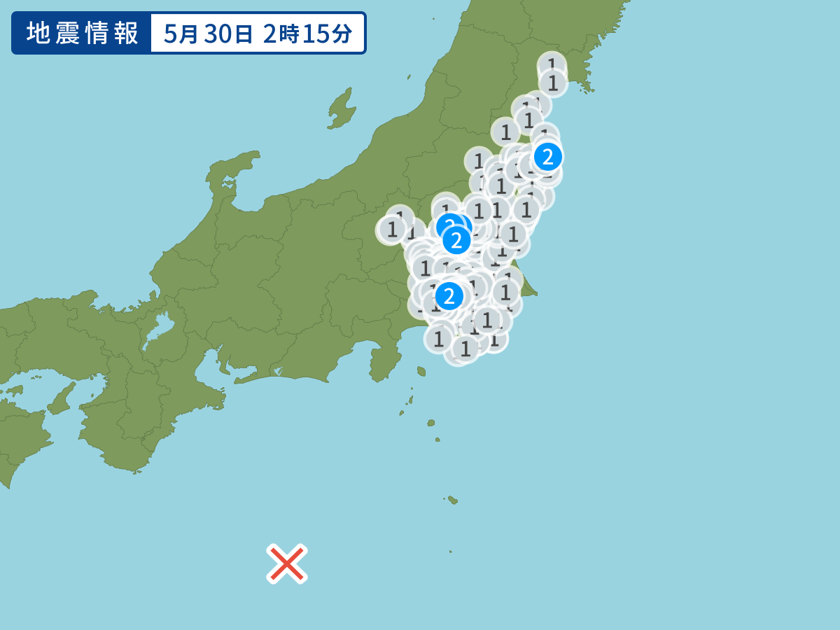 2時15分ごろ、Ｍ５．４　東海道南方沖 北緯32.3度　東経13