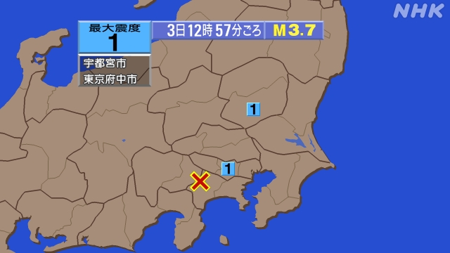 12時57分ごろ、Ｍ３．７　神奈川県西部 北緯35.5度　東経1