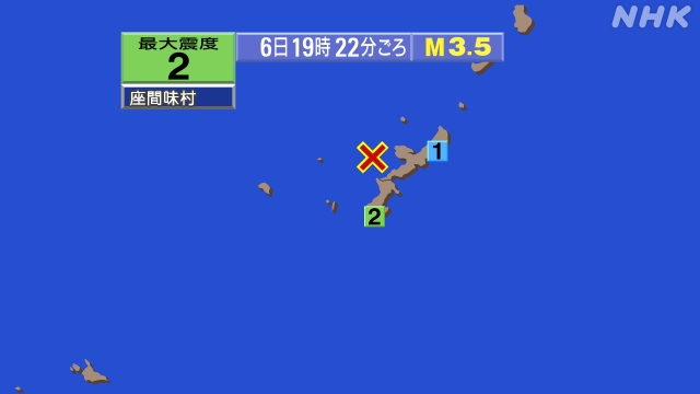 19時22分ごろ、Ｍ３．５　沖縄本島近海 北緯26.6度　東経1
