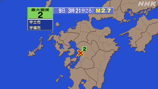 3時21分ごろ、Ｍ２．７　熊本県熊本地方 北緯32.7度　東経1