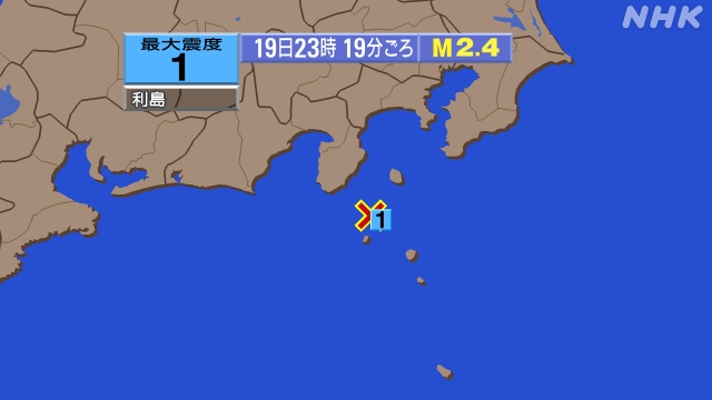23時19分ごろ、Ｍ２．４　新島・神津島近海 北緯34.4度　東