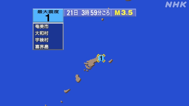 3時59分ごろ、Ｍ３．５　奄美大島近海 北緯28.4度　東経12