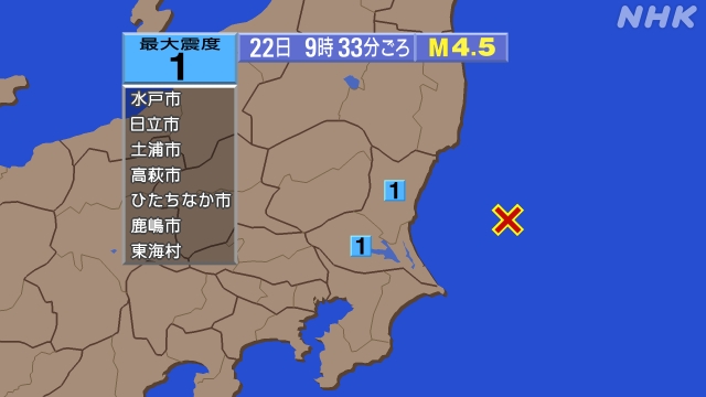 9時33分ごろ、Ｍ４．５　茨城県沖 北緯36.3度　東経141.
