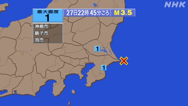 22時45分ごろ、Ｍ３．５　千葉県東方沖 北緯35.7度　東経1