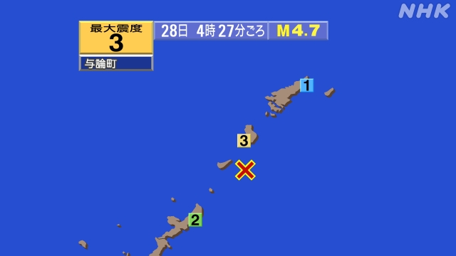 4時27分ごろ、Ｍ４．７　沖縄本島近海 北緯27.3度　東経12