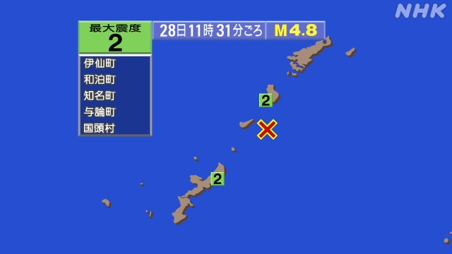 11時31分ごろ、Ｍ４．８　沖縄本島近海 北緯27.3度　東経1