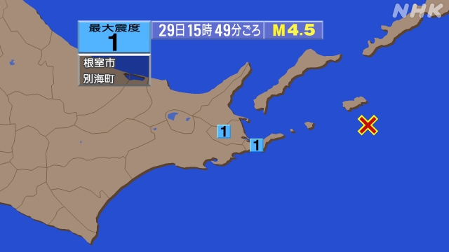 15時49分ごろ、Ｍ４．５　北海道東方沖 北緯146.9度　東経