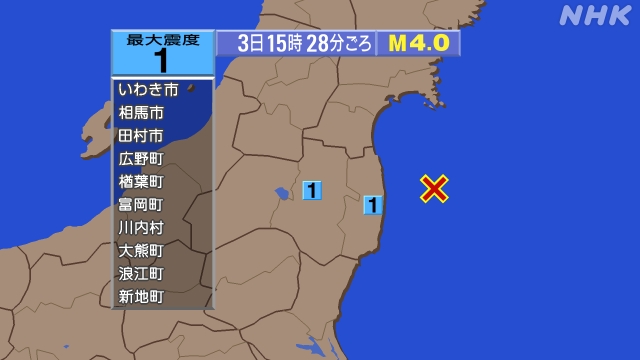 15時28分ごろ、Ｍ４．０　福島県沖 北緯37.5度　東経141