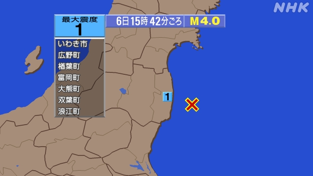 15時42分ごろ、Ｍ４．０　福島県沖 北緯37.2度　東経141