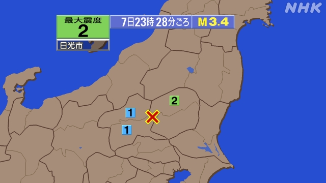 23時28分ごろ、Ｍ３．４　栃木県北部 北緯36.6度　東経13