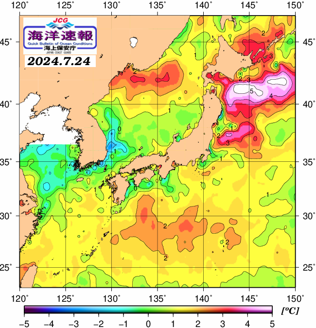 ７月２４日の、海水表面温度（平年比）、 https://www1