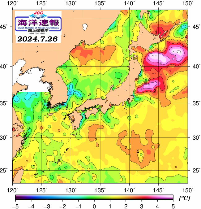 ７月２６日の、海水表面温度（平年比）、 https://www1