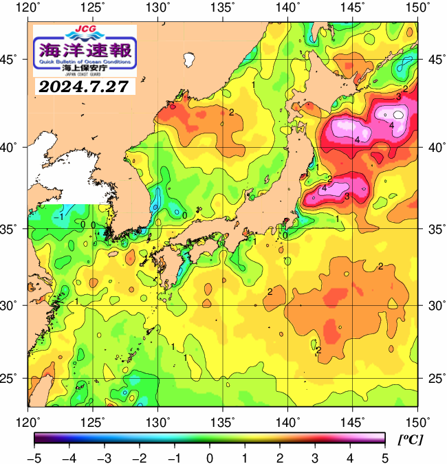 ７月２７日の、海水表面温度（平年比）、 https://www1