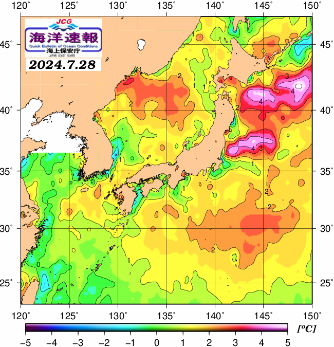 ７月２８日の、海水表面温度（平年比）、 https://www1