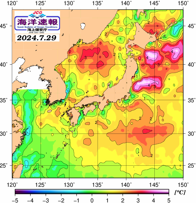 ７月２９日の、海水表面温度（平年比）、 https://www1