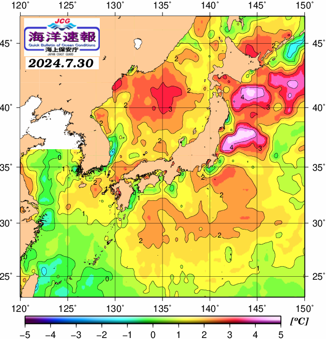 ７月３０日の、海水表面温度（平年比）、 https://www1