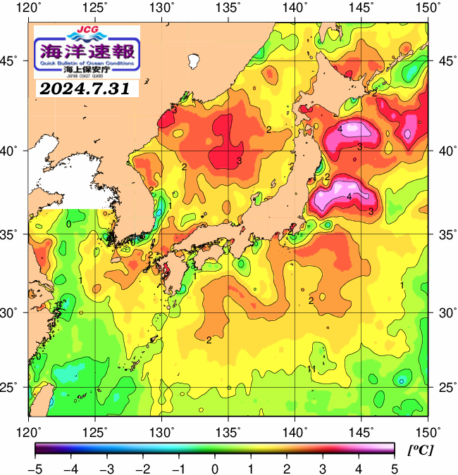 ７月３１日の、海水表面温度（平年比）、 https://www1