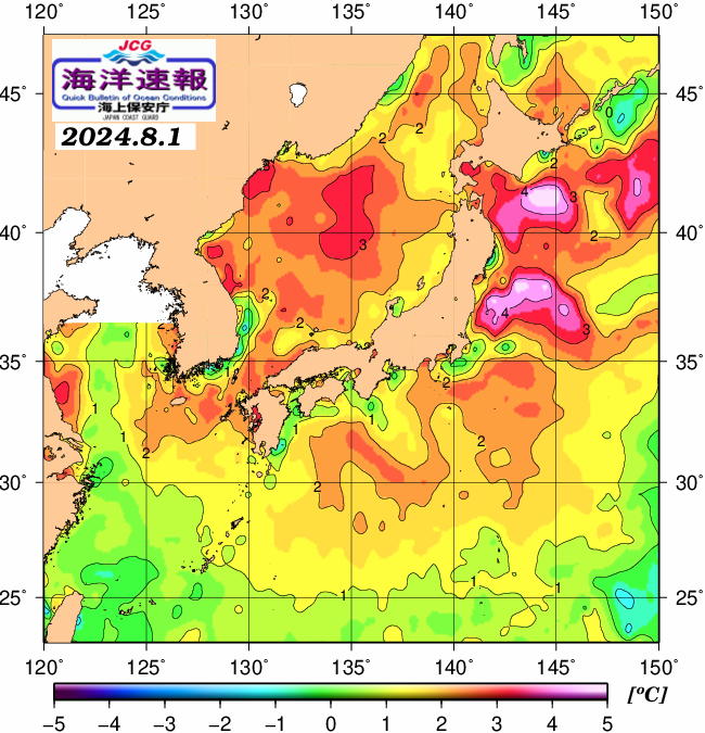 ８月１日の、海水表面温度（平年比）、 https://www1.
