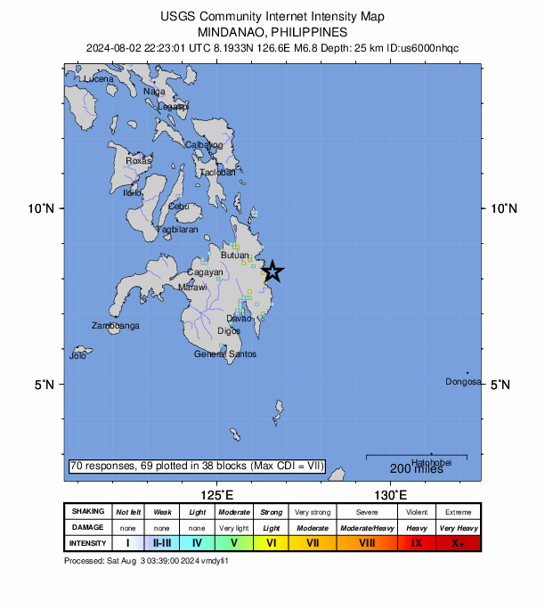 ＵＳＧＳ、7時23分1秒　Ｍ７．０→Ｍ６．８　フィリピン付近 北