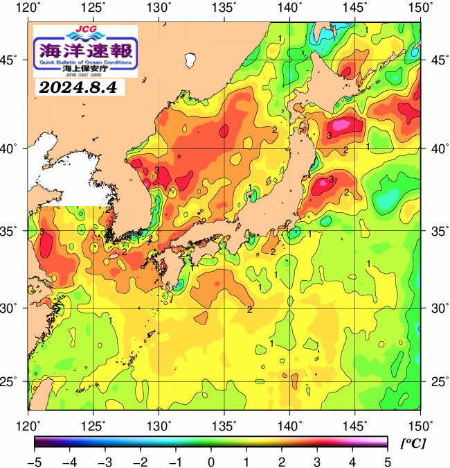 ８月４日の、海水表面温度（平年比）、 https://www1.