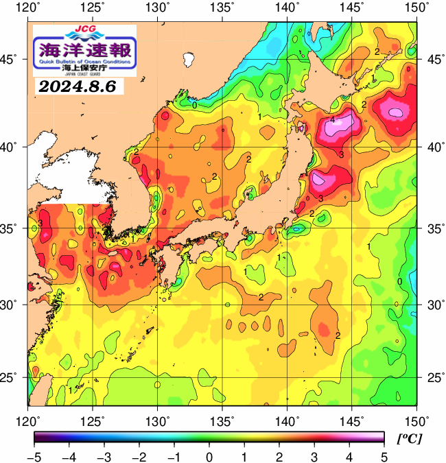 ８月６日の、海水表面温度（平年比）、 https://www1.