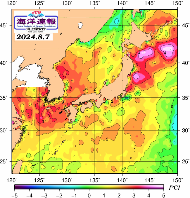 ８月７日の、海水表面温度（平年比）、 https://www1.