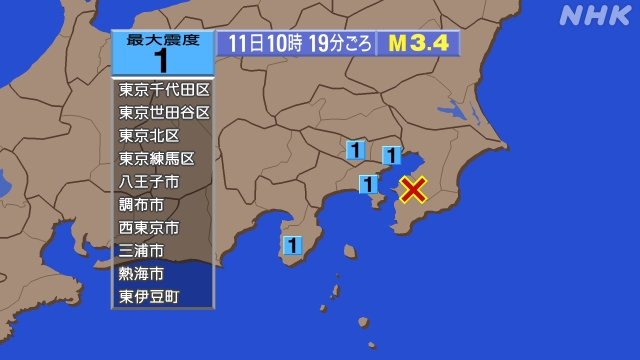 10時19分ごろ、Ｍ３．４　千葉県南部 北緯35.3度　東経14