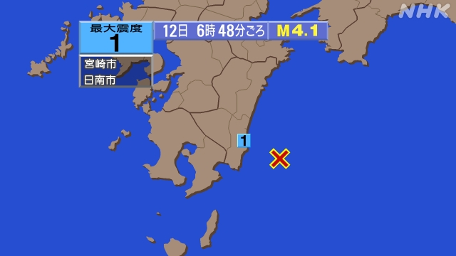 6時48分ごろ、Ｍ４．１　日向灘 北緯31.5度　東経131.9