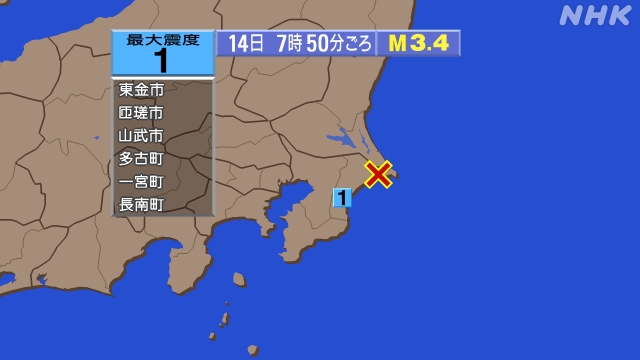 7時50分ごろ、Ｍ３．４　千葉県北西部 北緯35.7度　東経14