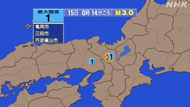 0時14分ごろ、Ｍ３．０　京都府南部 北緯35.1度　東経135