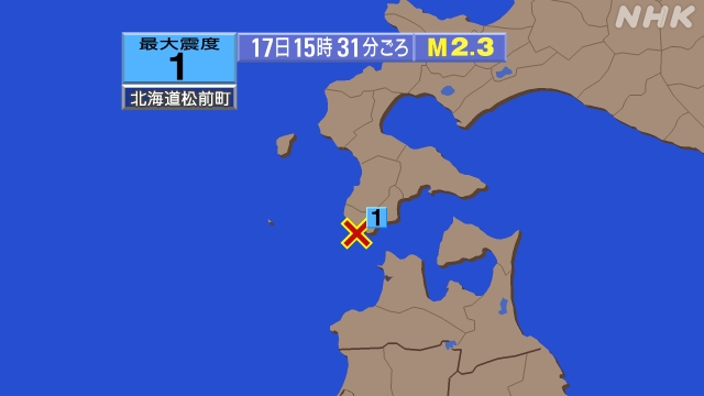 15時31分ごろ、Ｍ２．３　北海道南西沖 北緯41.4度　東経1