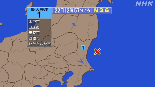 12時57分ごろ、Ｍ３．６　茨城県沖 北緯36.4度　東経141