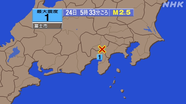 5時33分ごろ、Ｍ２．５　山梨県東部・富士五湖 北緯35.4度　