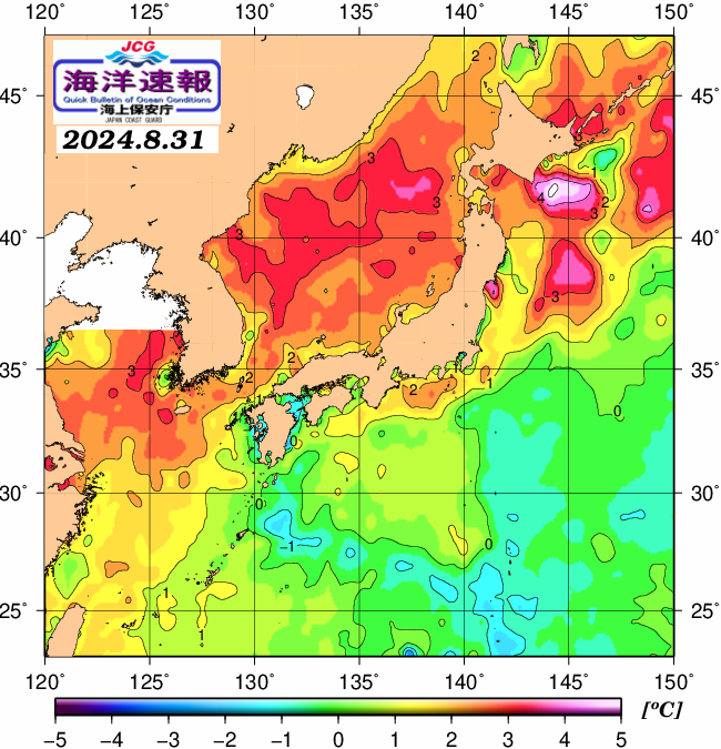 ８月３１日の、海水表面温度（平年比）、 https://www1