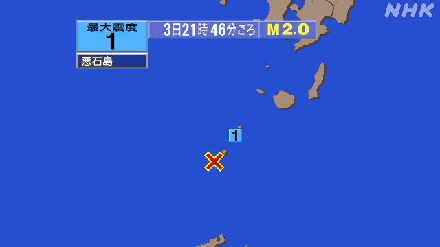 20時10分ごろ、Ｍ２．０　トカラ列島近海 北緯29.5度　東経