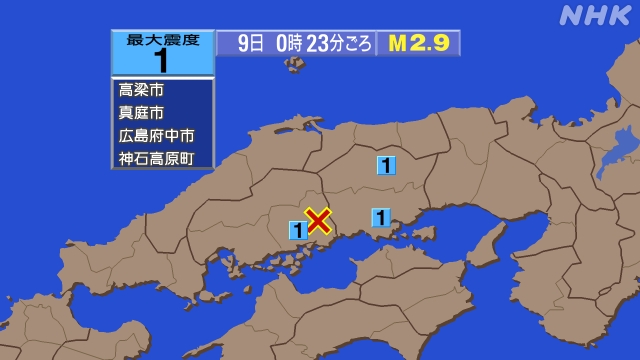 0時23分ごろ、Ｍ２．９　広島県南東部 北緯34.6度　東経13