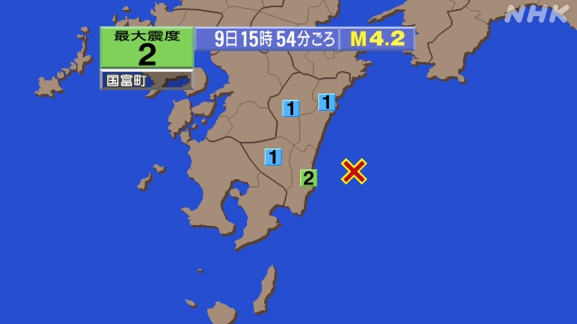 15時54分ごろ、Ｍ４．２　日向灘 北緯31.8度　統計31.9