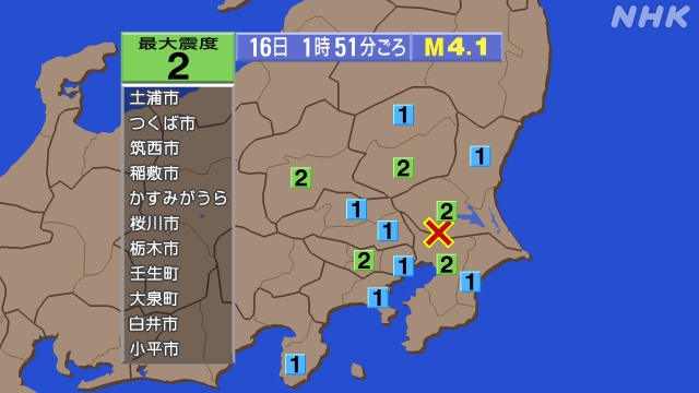 1時51分ごろ、Ｍ４．１　茨城県南部 北緯35.9度　東経140