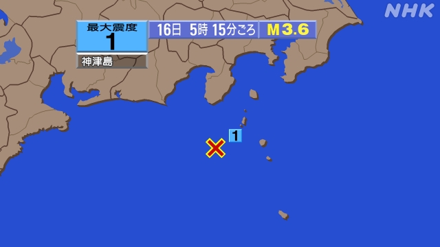 5時15分ごろ、Ｍ３．６　新島・神津島近海 北緯34.0度　東経