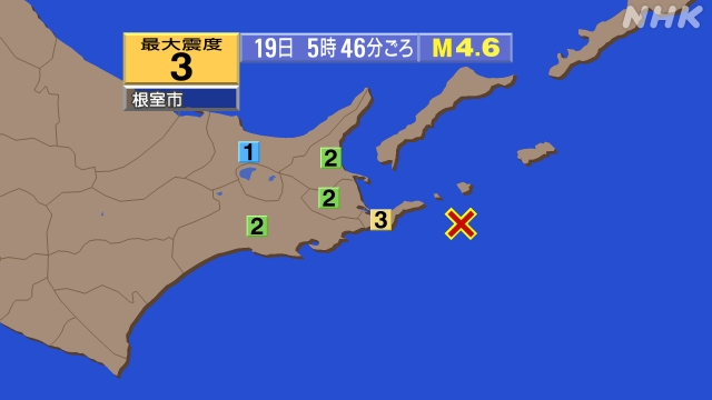 5時46分ごろ、Ｍ４．６　根室半島南東沖 北緯43.2度　東経1