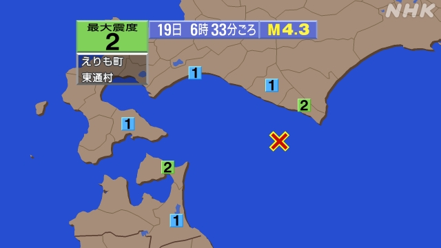 6時33分ごろ、Ｍ４．３　浦河沖 北緯41.7度　東経142.7