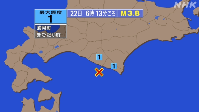 6時13分ごろ、Ｍ３．８　浦河沖 北緯42.0度　東経1422.