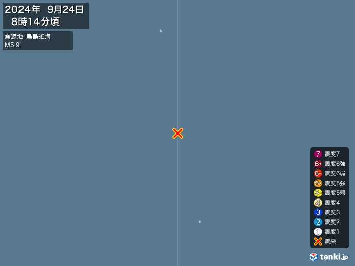 6時14分ごろ、Ｍ５．９　鳥島近海 北緯31.4度　東経140.