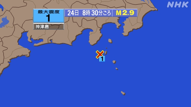8時30分ごろ、Ｍ２．９　新島・神津島近海 北緯34.3度　東経