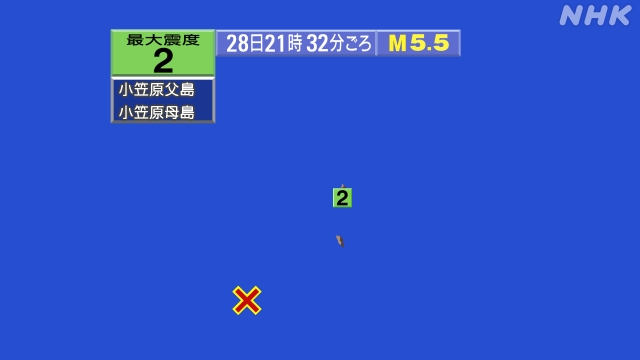21時32分ごろ、Ｍ５．５　小笠原諸島西方沖 北緯26.1度　東
