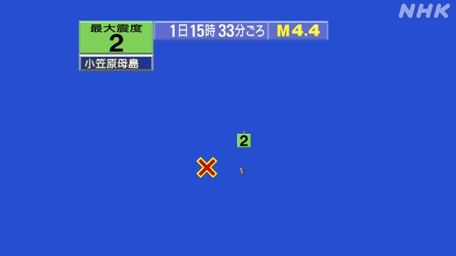 15時33分ごろ、Ｍ４．４　父島近海 北緯26.7度　東経141