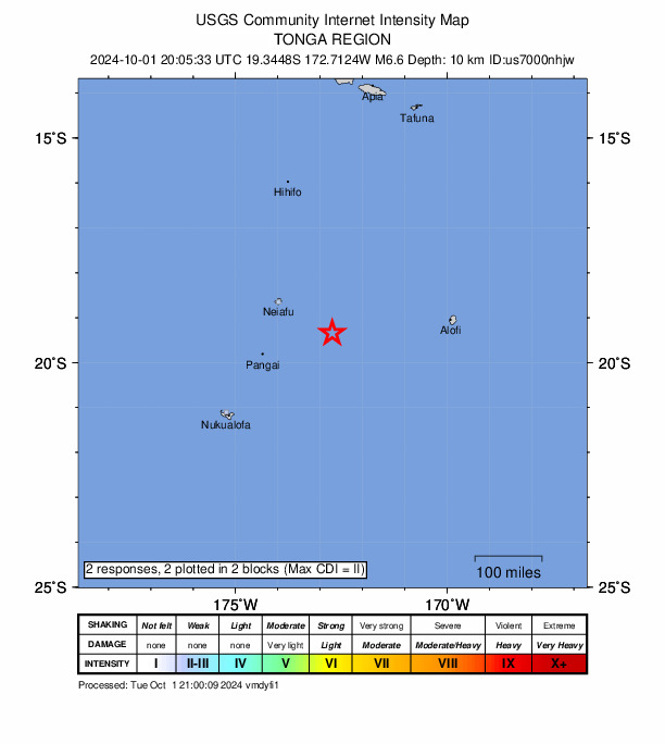 ＵＳＧＳ、5時5分33秒　Ｍ６．６　トンガ地域 南緯19.345