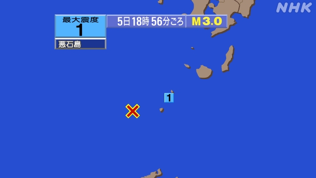 18時56分ごろ、Ｍ３．０　トカラ列島近海 北緯29.6度　東経